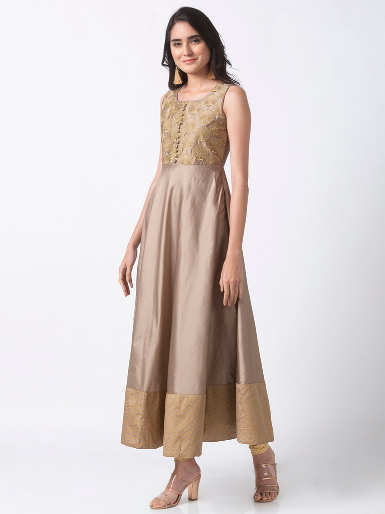 Festive Women Gathered Sleeveless Beige Gown