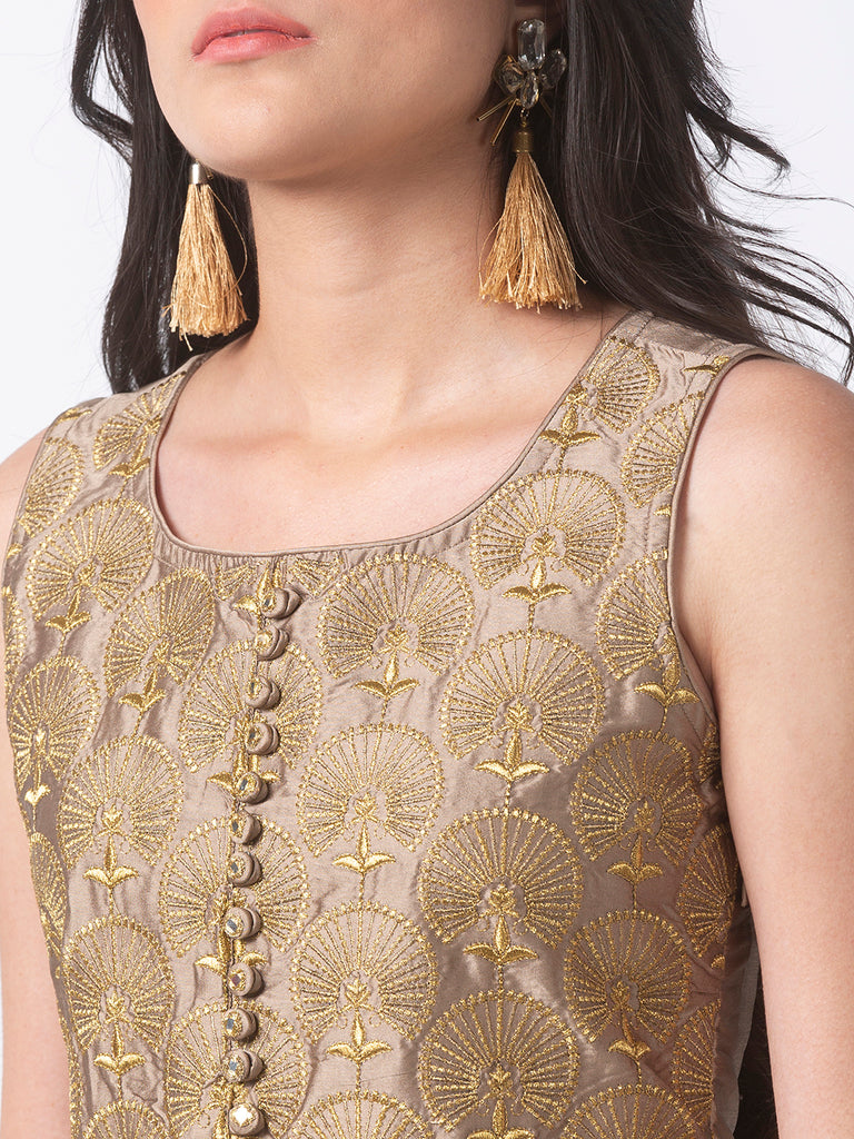 Festive Women Gathered Sleeveless Beige Gown
