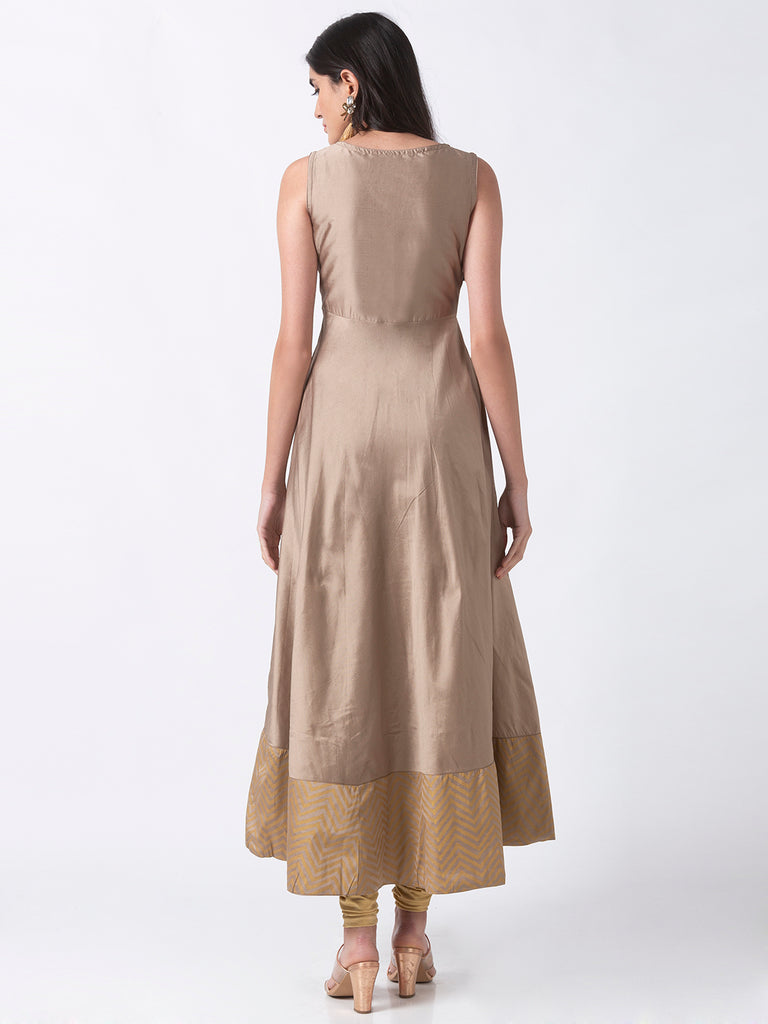 Festive Women Gathered Sleeveless Beige Gown