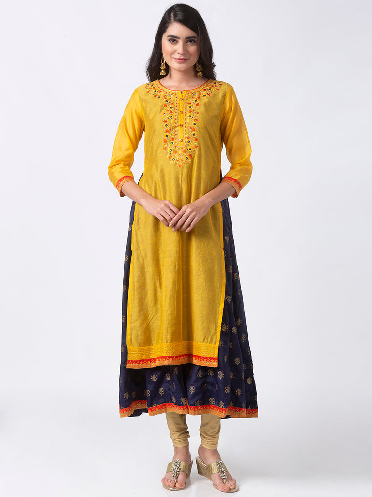 Festive Women Twin Sleeveless Yellow Kurta