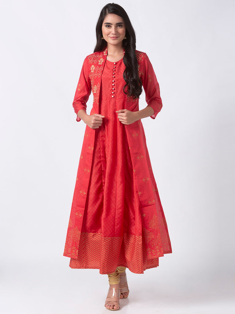 Women Cape Kurta Three-Fourth Coral Kurta