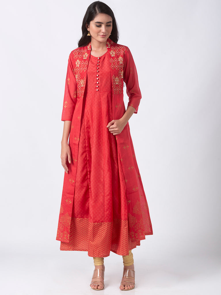 Women Cape Kurta Three-Fourth Coral Kurta