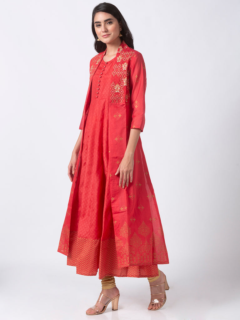 Women Cape Kurta Three-Fourth Coral Kurta