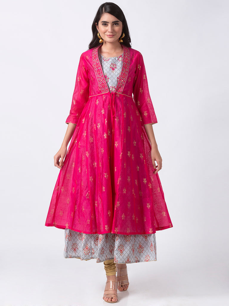 Festive Women Cape Kurta Three-Fourth Fuchsia Kurta