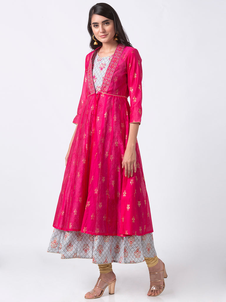 Festive Women Cape Kurta Three-Fourth Fuchsia Kurta