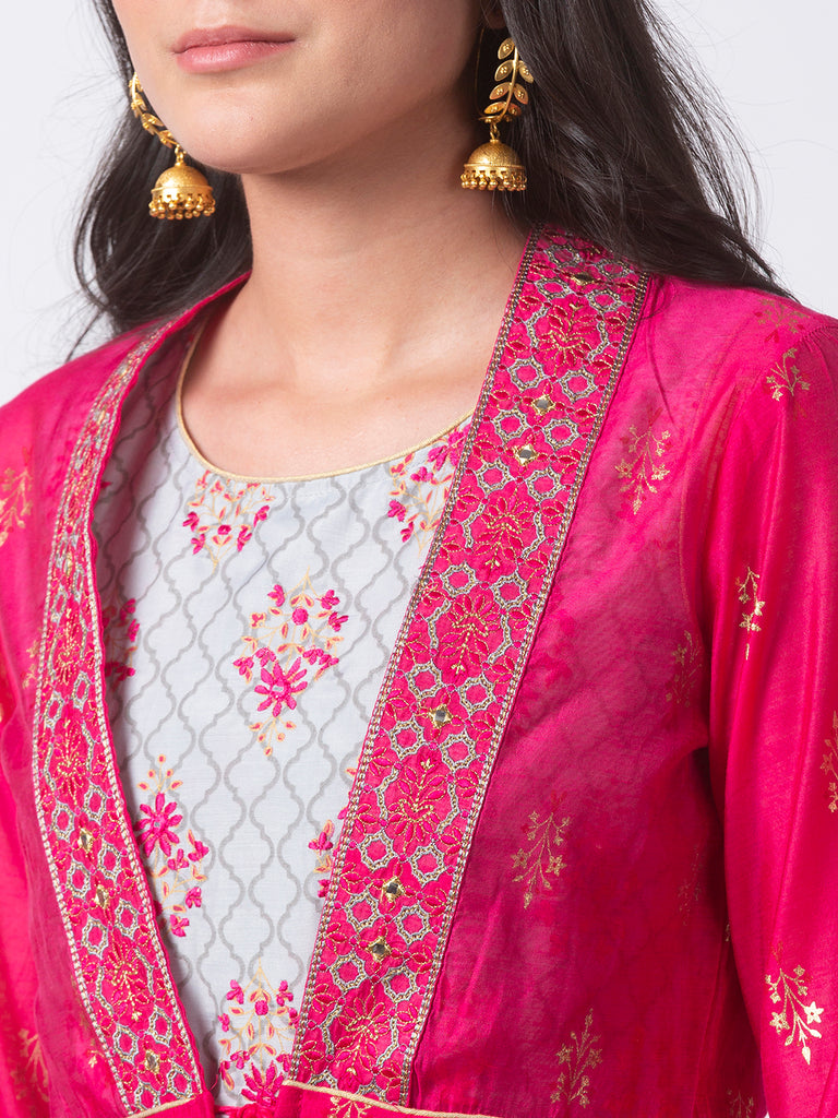 Festive Women Cape Kurta Three-Fourth Fuchsia Kurta