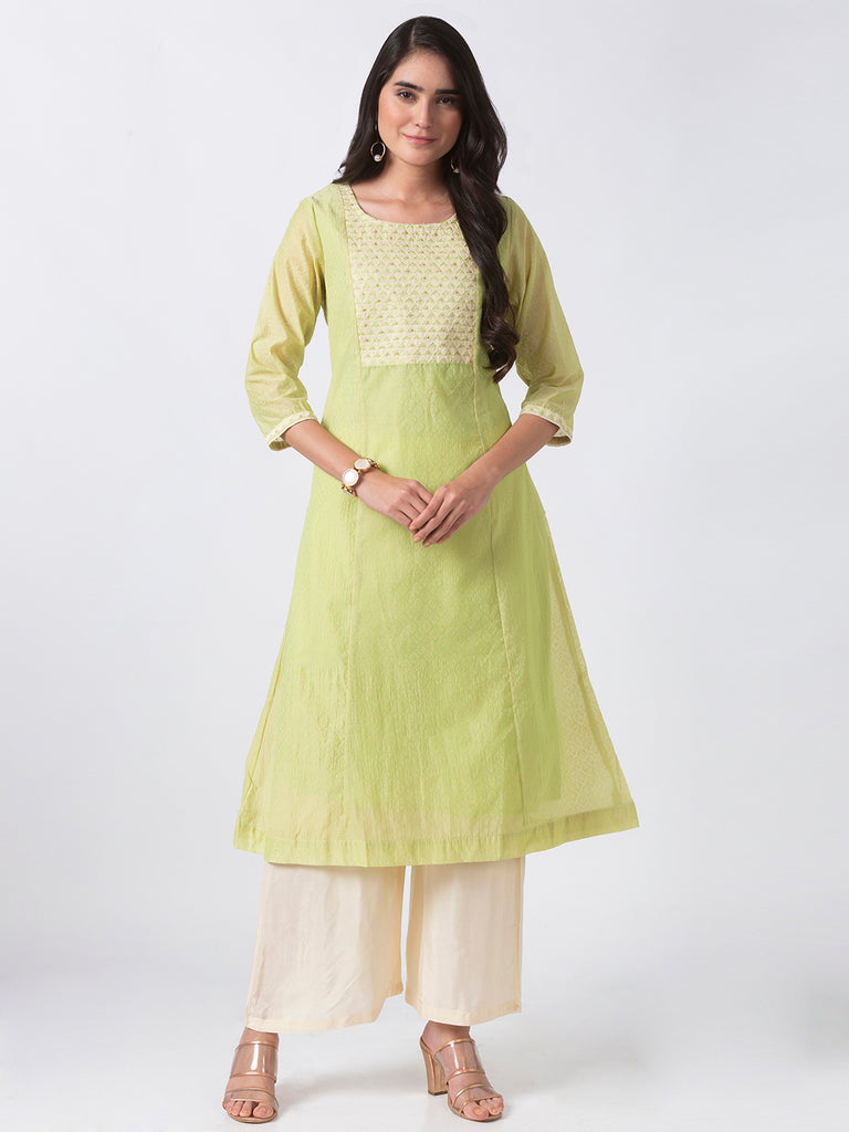 Festive Women A Line Three-Fourth Green Kurta