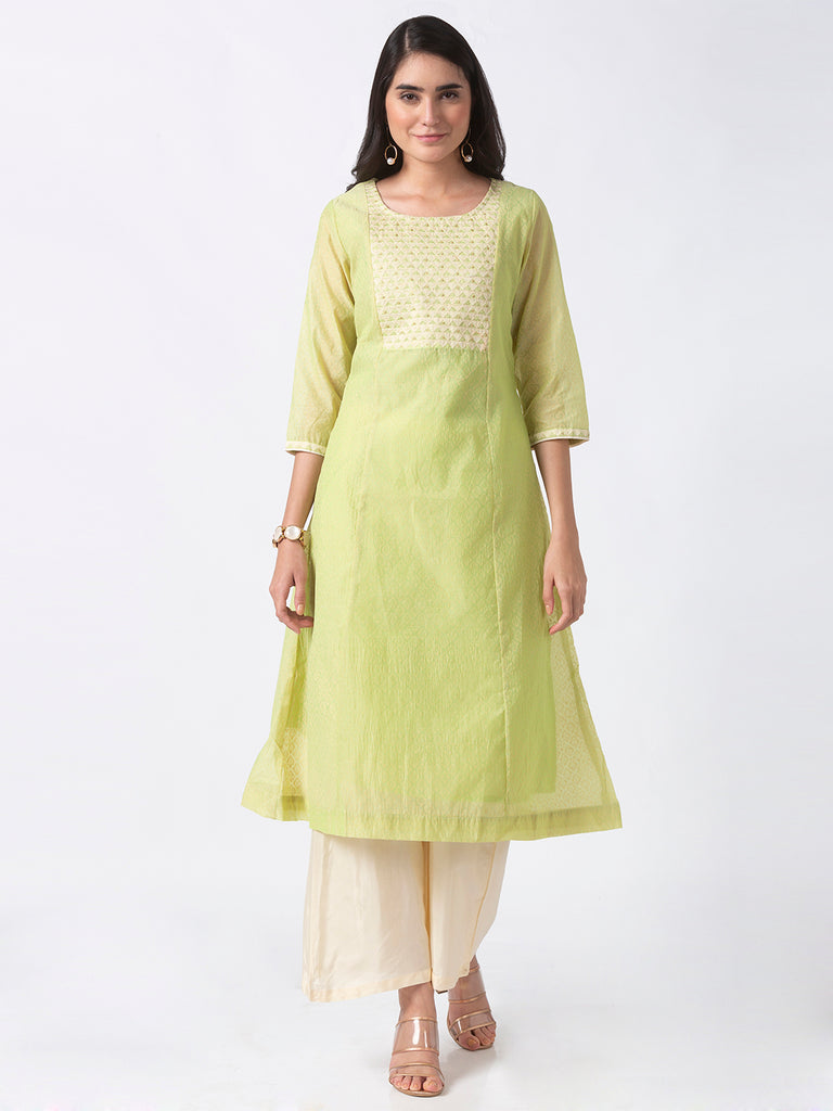 Festive Women A Line Three-Fourth Green Kurta