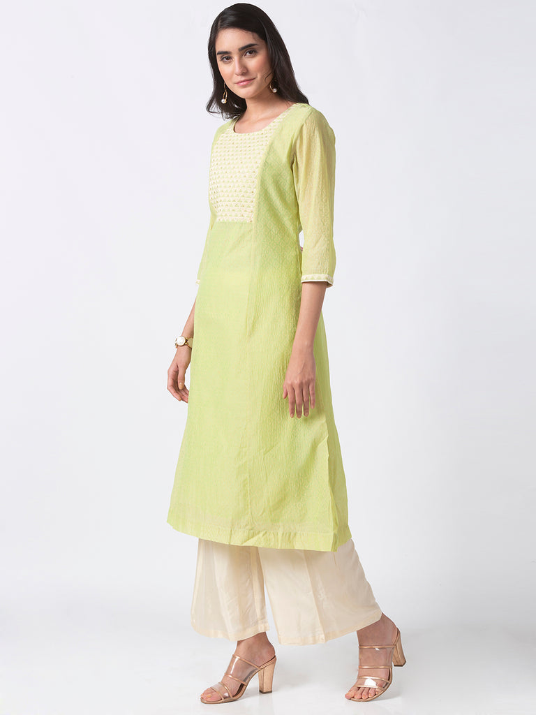 Festive Women A Line Three-Fourth Green Kurta