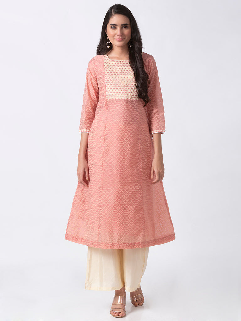 Festive Women A Line Three-Fourth Peach Kurta