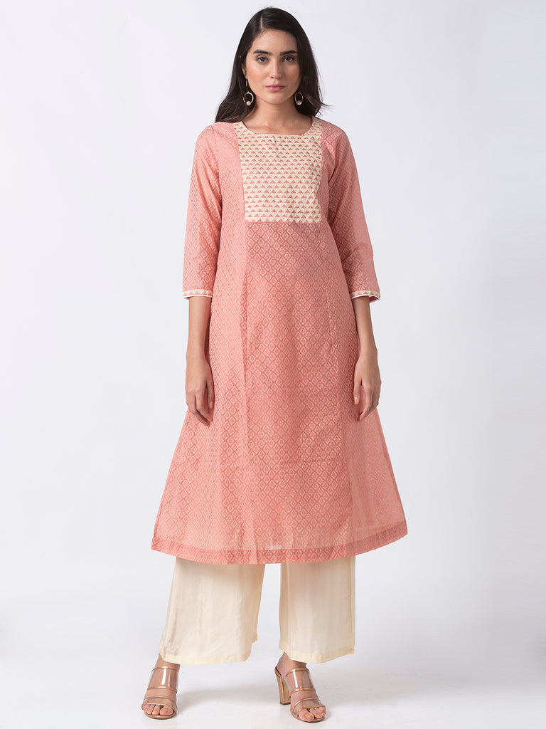 Festive Women A Line Three-Fourth Peach Kurta