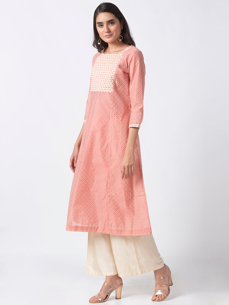 Festive Women A Line Three-Fourth Peach Kurta