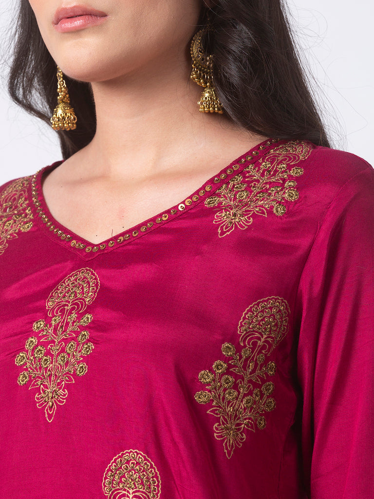 Women Straight Three-Fourth Magenta Kurta