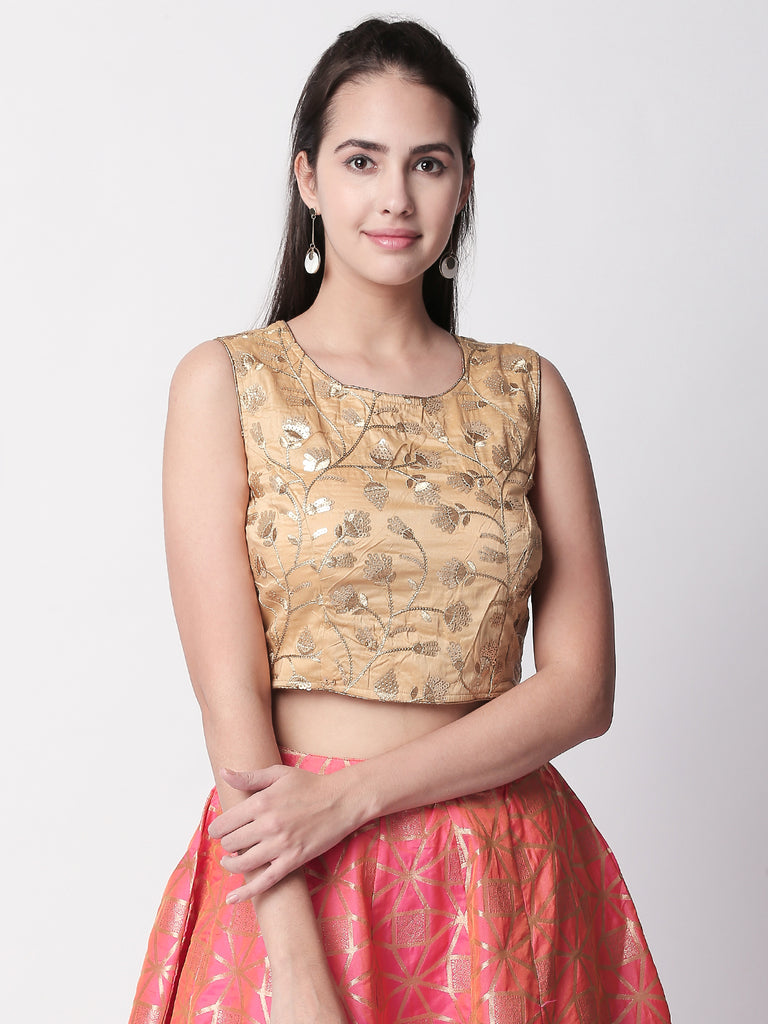 Women Straight Sleeveless Gold Crop Top