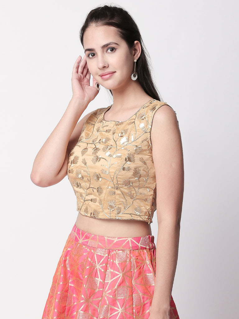 Women Straight Sleeveless Gold Crop Top