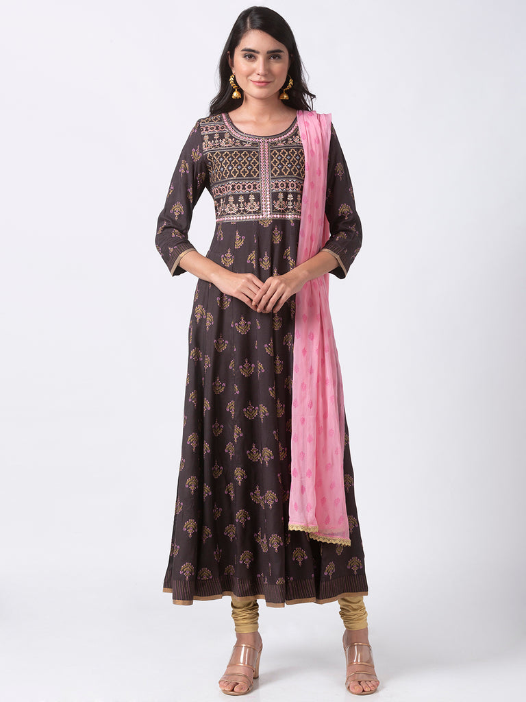 Festive Women Kalidar Three-Fourth Brown Kd