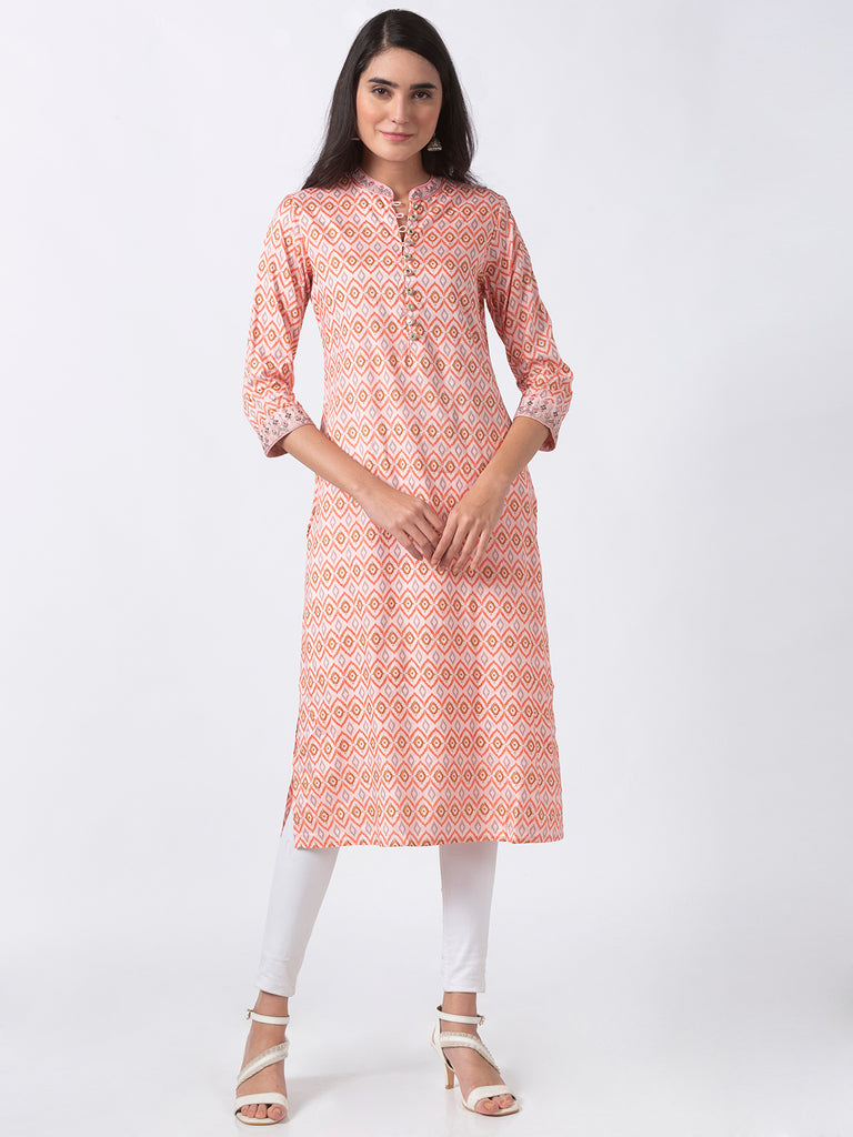 Women Straight Three-Fourth Pink Kurta