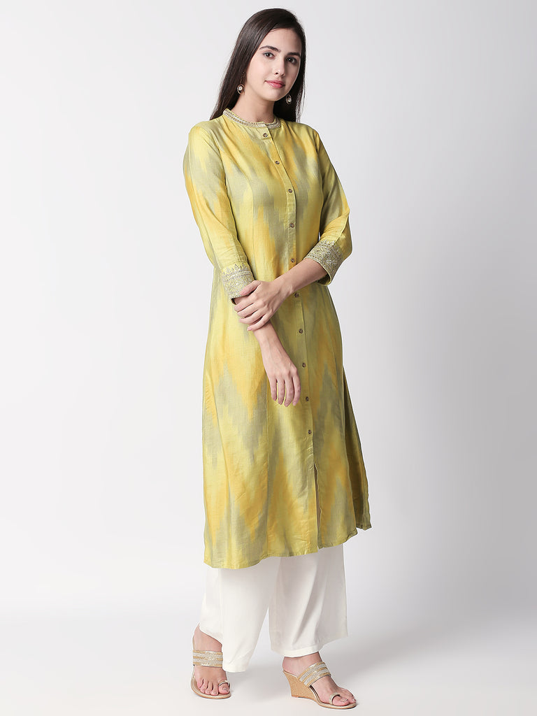 Festive Women A Line Three-Fourth Green Kurta