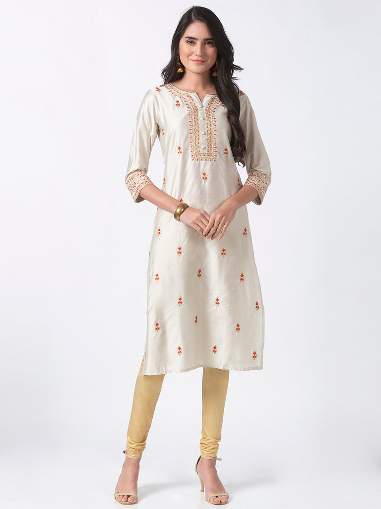 Festive Women Straight Three-Fourth Grey Kurta