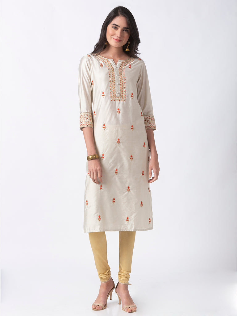 Festive Women Straight Three-Fourth Grey Kurta