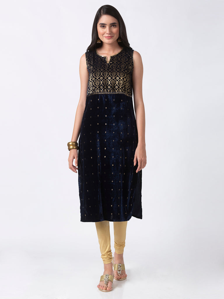 Women Straight Three-Fourth Navy Kurta