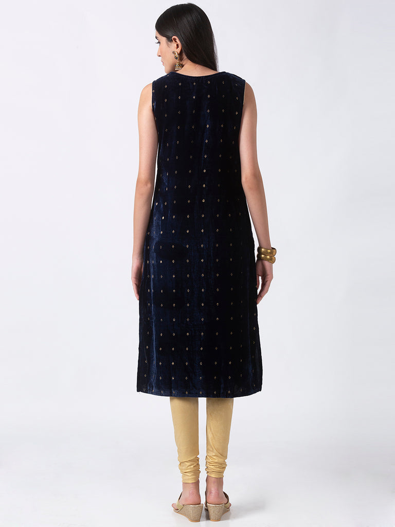 Women Straight Three-Fourth Navy Kurta