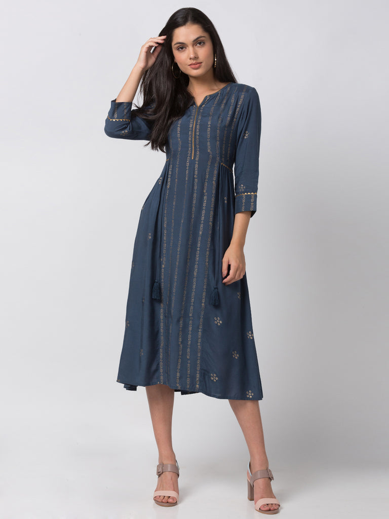 Festive Women Gathered Three-Fourth Blue Kurta