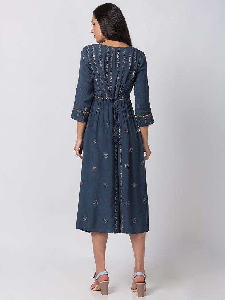 Festive Women Gathered Three-Fourth Blue Kurta