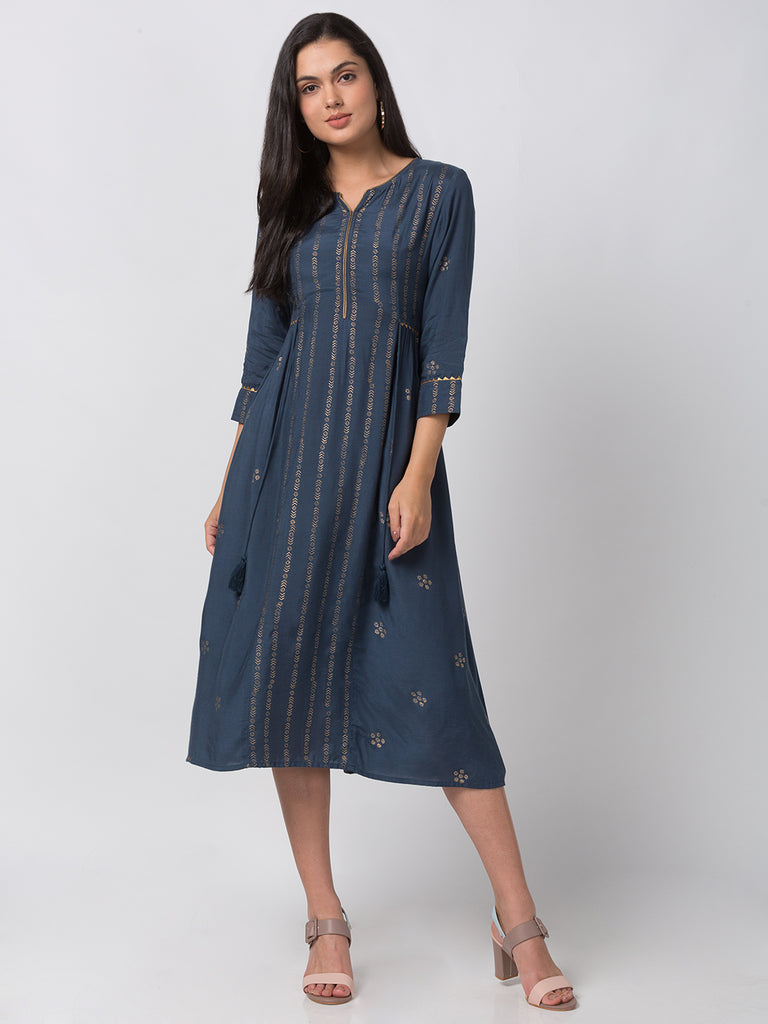 Festive Women Gathered Three-Fourth Blue Kurta