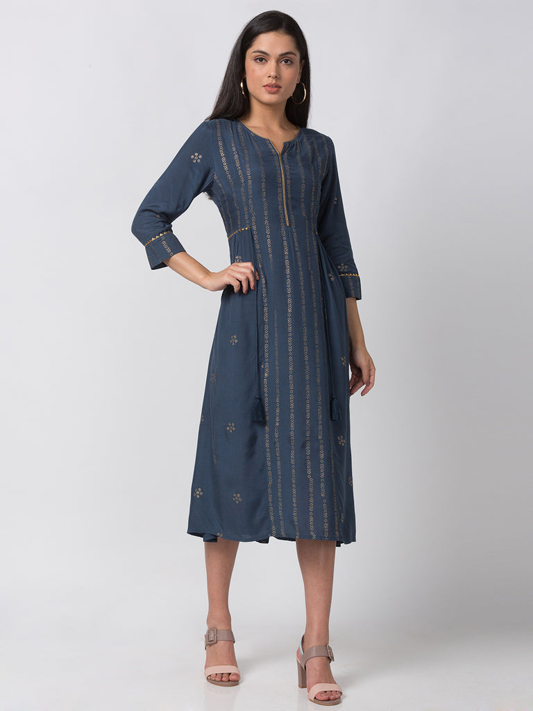 Festive Women Gathered Three-Fourth Blue Kurta