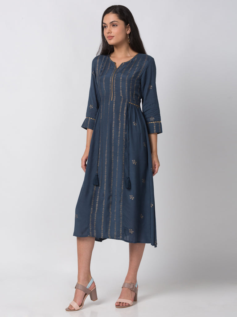 Festive Women Gathered Three-Fourth Blue Kurta