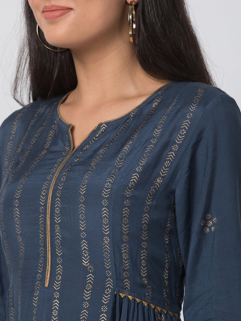 Festive Women Gathered Three-Fourth Blue Kurta
