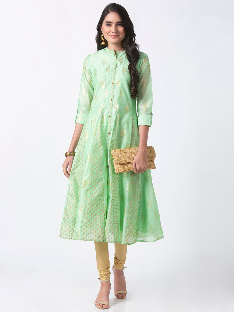 Festive Women Kalidar Three-Fourth Green Kurta