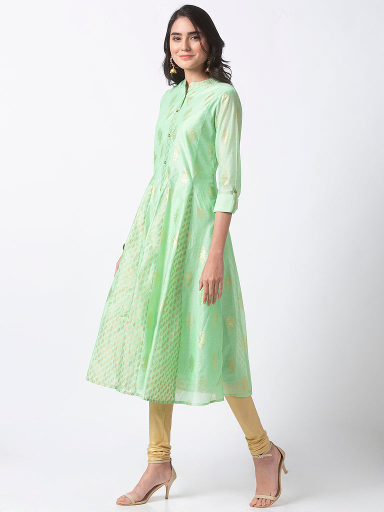 Festive Women Kalidar Three-Fourth Green Kurta