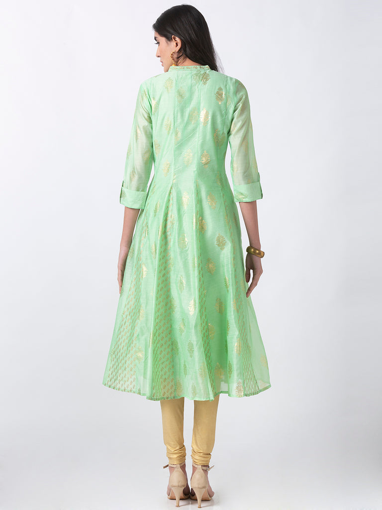 Festive Women Kalidar Three-Fourth Green Kurta