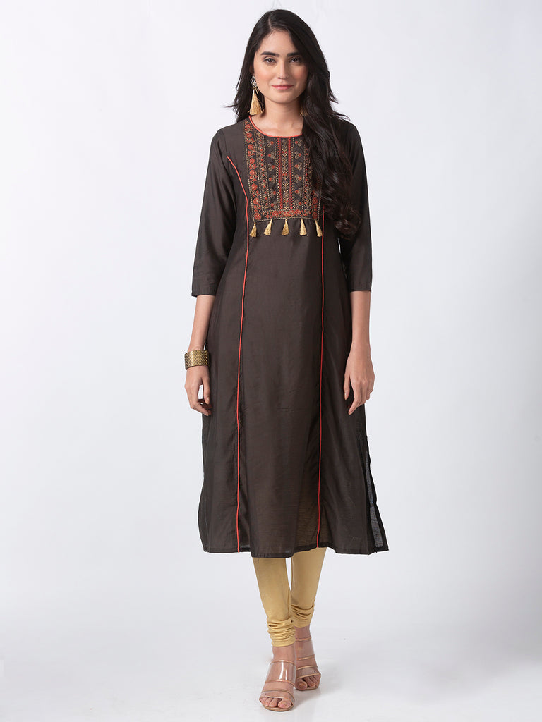 Women A Line Three-Fourth Olive Kurta