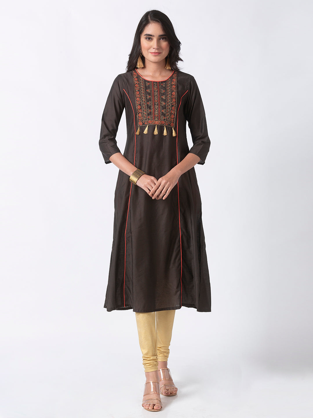 Women A Line Three-Fourth Olive Kurta