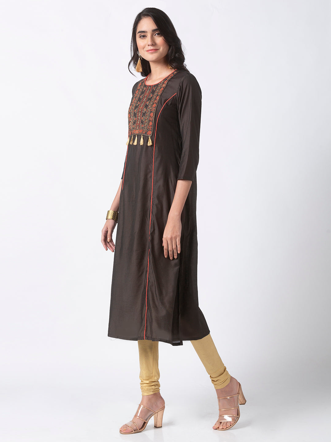 Women A Line Three-Fourth Olive Kurta