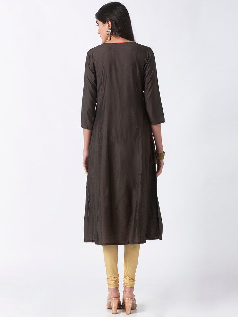 Women A Line Three-Fourth Olive Kurta