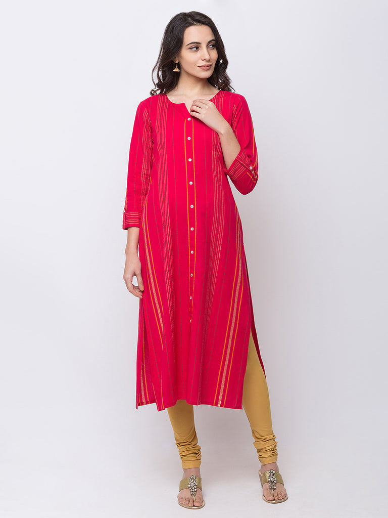 Women Straight Three-Fourth Fuchsia Kurta