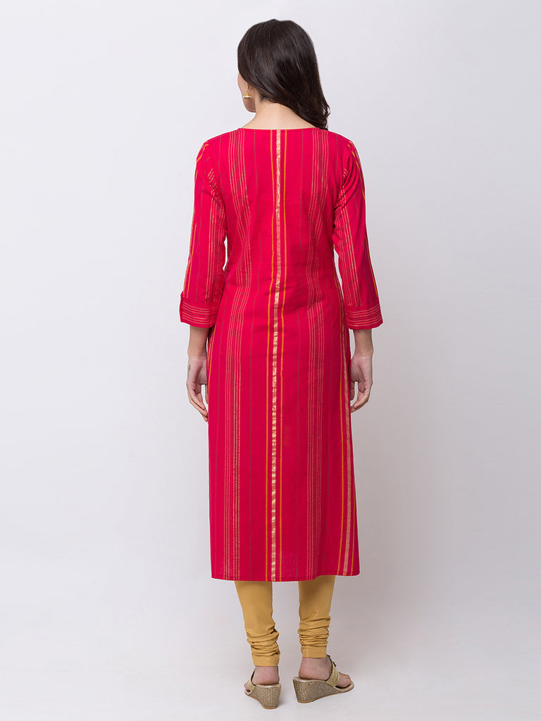 Women Straight Three-Fourth Fuchsia Kurta