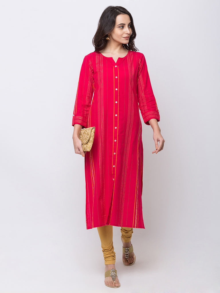 Women Straight Three-Fourth Fuchsia Kurta