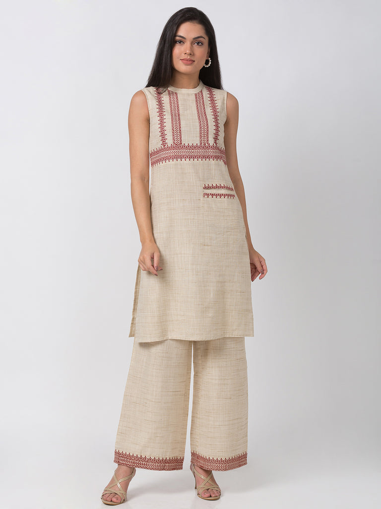 Fusion Women Straight Sleeveless Ecru Kurta