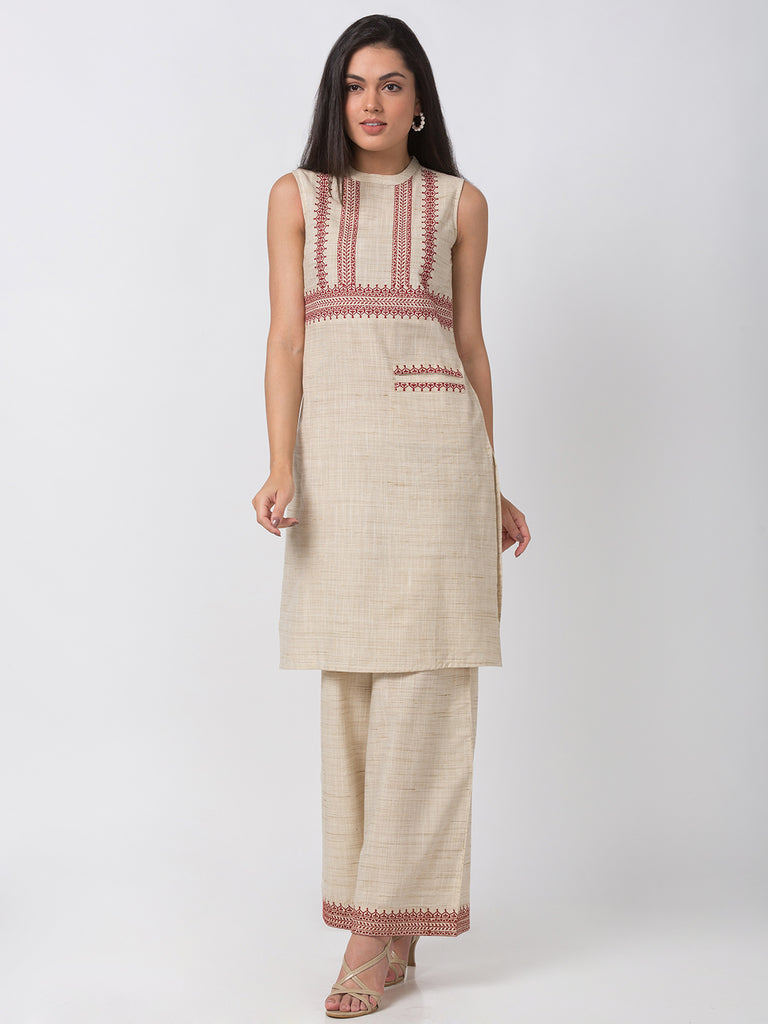 Fusion Women Straight Sleeveless Ecru Kurta