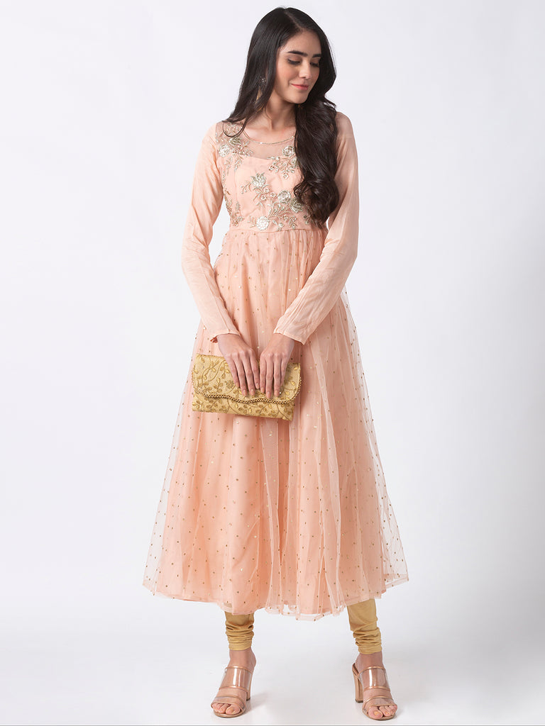 Women Gathered Full Sleeve Peach Gown