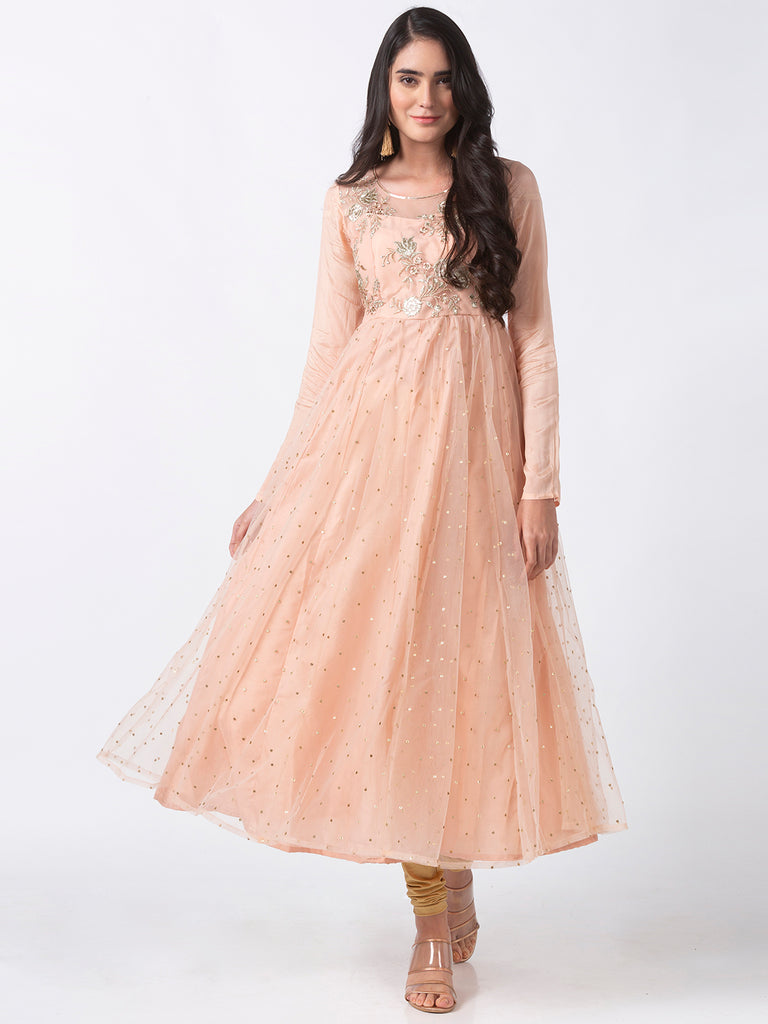 Women Gathered Full Sleeve Peach Gown