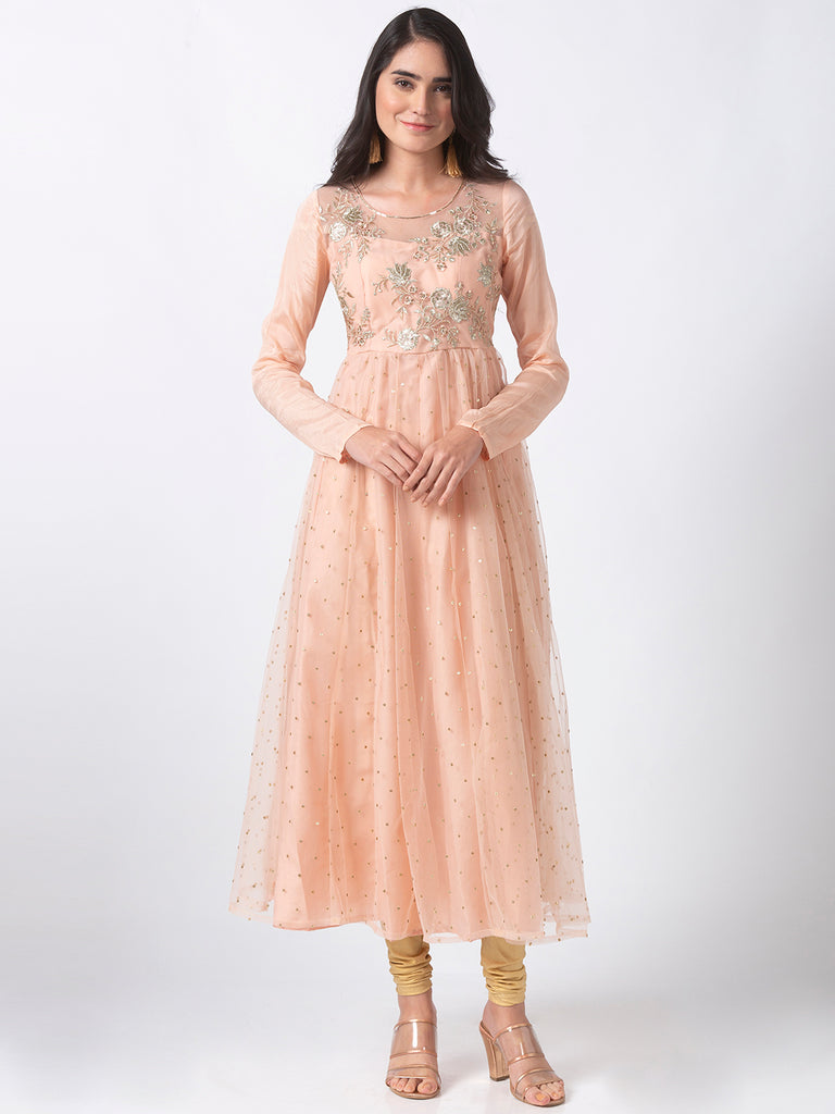 Women Gathered Full Sleeve Peach Gown