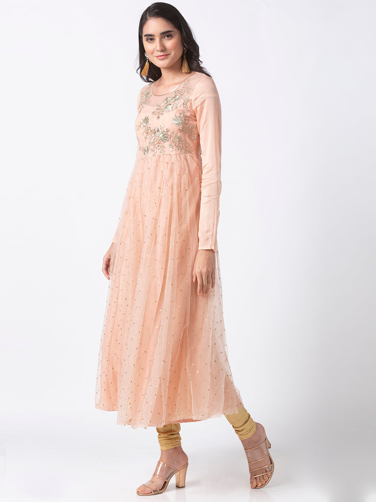 Women Gathered Full Sleeve Peach Gown