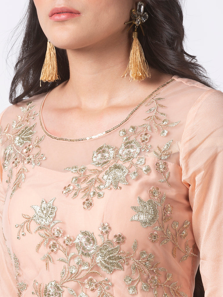 Women Gathered Full Sleeve Peach Gown
