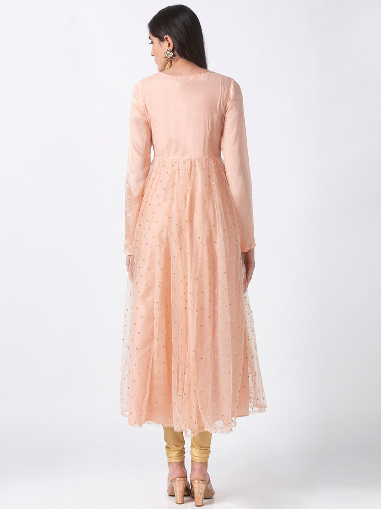 Women Gathered Full Sleeve Peach Gown